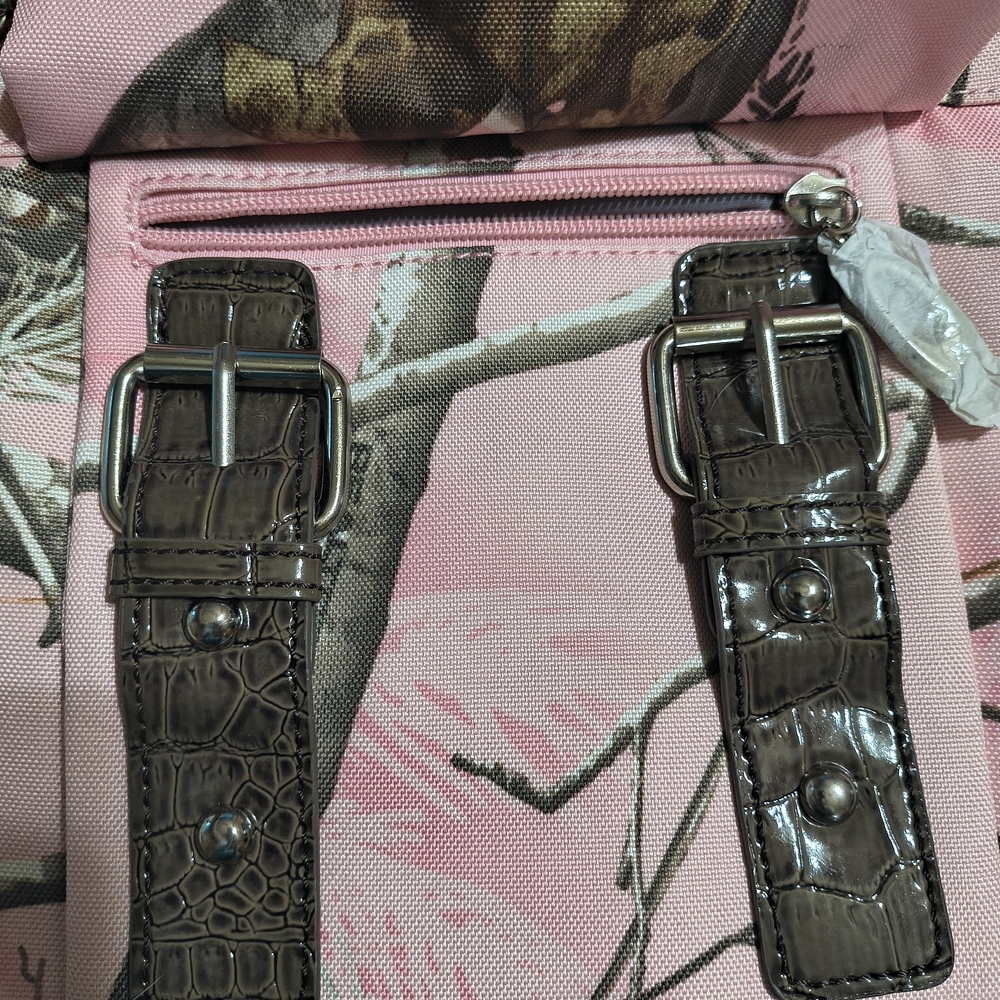 Realtree Pink Camouflage Crossbody Bag with Brown Buckle Accents - Picture 2 of 15